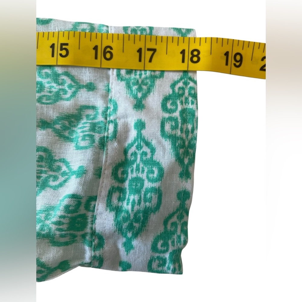 Chicos Women’s Linen Size Large Ikat Buttondown Top No Iron Green Boho 3/4 Slv - Picture 6 of 9